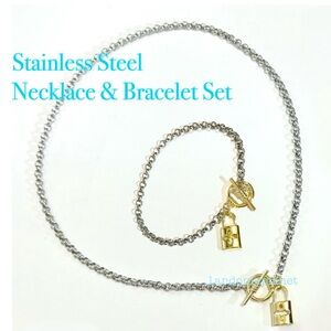 Last Set❣️Gold Lock Charm Necklace & Bracelet Stainless Steel ChainOR 915 Silver